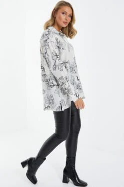 Cream Floral Long Sleeved Shirt -Chic Summer Shop 00100037179 XS
