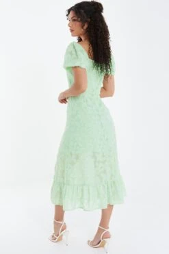 Sage Jacquard Puff Sleeve Midi Dress -Chic Summer Shop 00100037183 XB