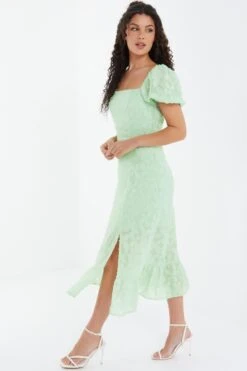 Sage Jacquard Puff Sleeve Midi Dress -Chic Summer Shop 00100037183 XS