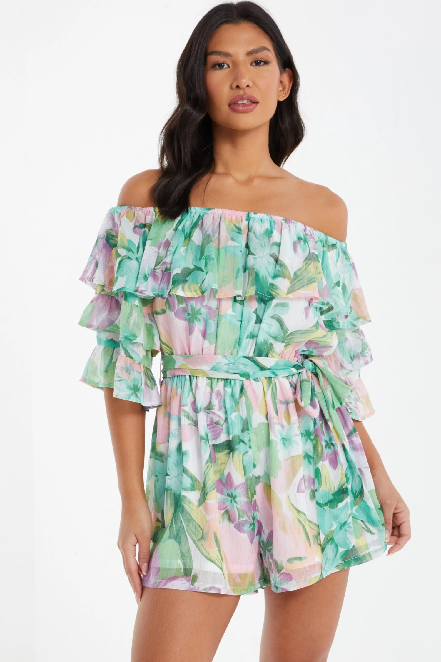 Multicoloured Chiffon Tropical Frill Playsuit 4 Multicoloured Chiffon Tropical Frill Playsuit - Image 2