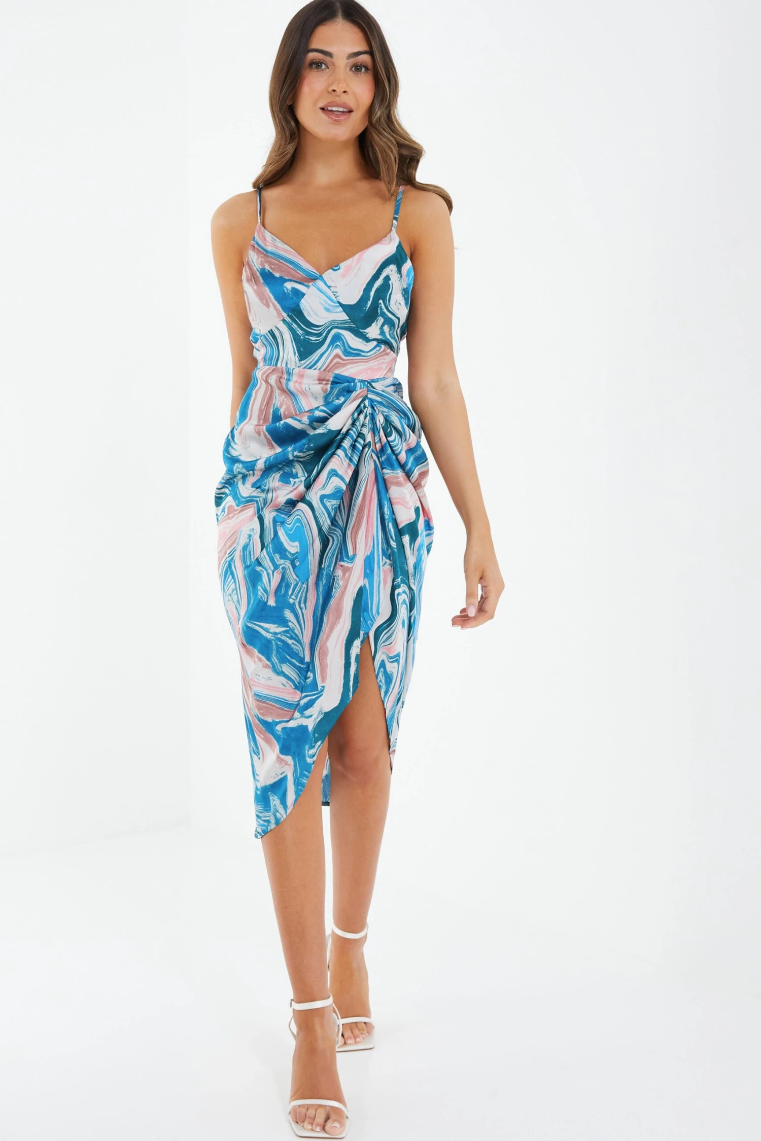Petite Blue Satin Marble Print Ruched Midi Dress 4 Petite Blue Satin Marble Print Ruched Midi Dress - Image 2