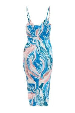 Petite Blue Satin Marble Print Ruched Midi Dress 12 Petite Blue Satin Marble Print Ruched Midi Dress -Chic Summer Shop 00100037194 ZB
