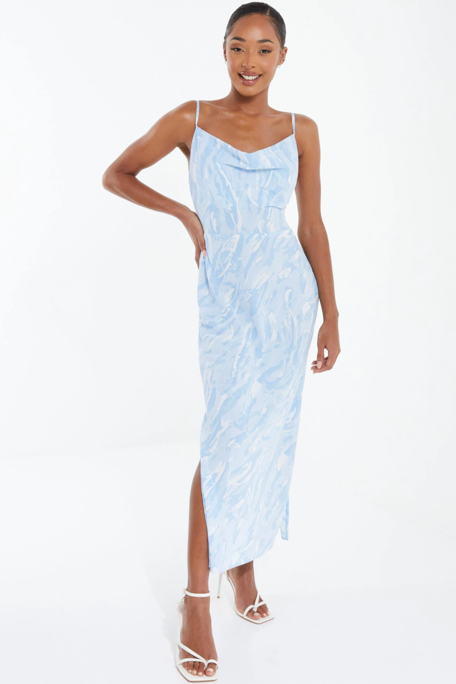 Light Blue Brush Stroke Tie Back Split Midi Dress 4 Light Blue Brush Stroke Tie Back Split Midi Dress - Image 2