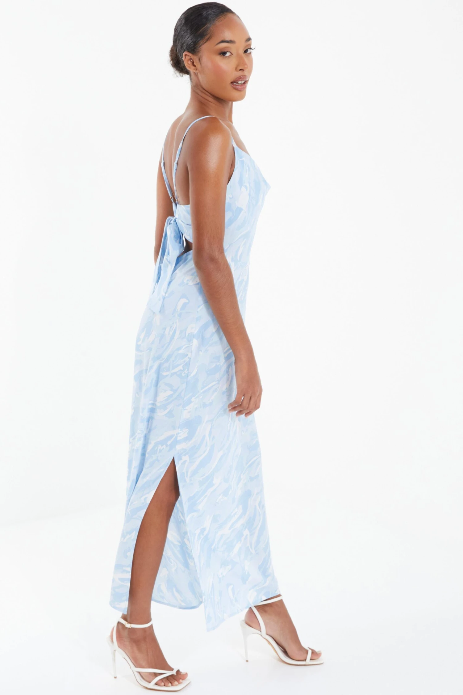 Light Blue Brush Stroke Tie Back Split Midi Dress 6 Light Blue Brush Stroke Tie Back Split Midi Dress - Image 4