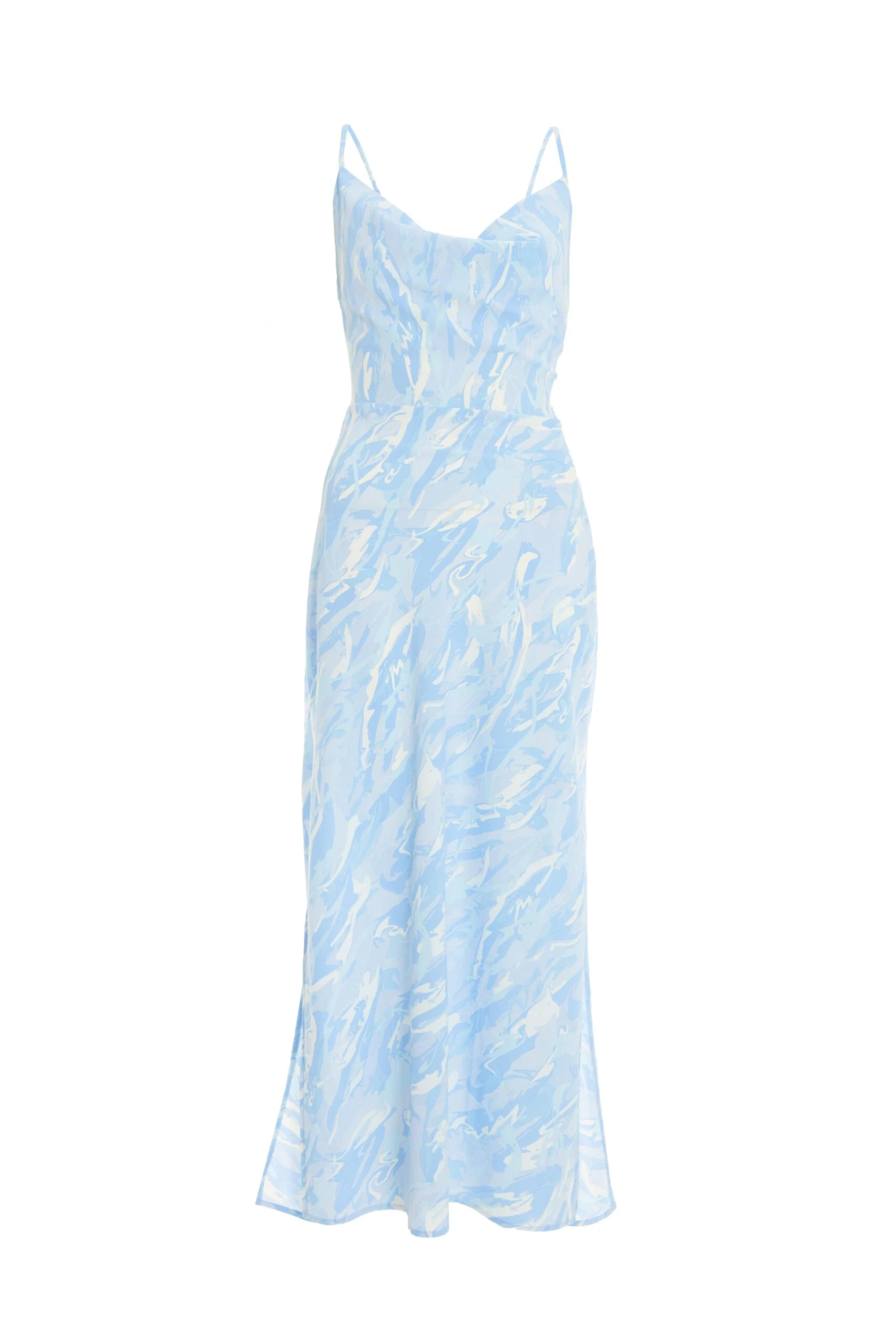 Light Blue Brush Stroke Tie Back Split Midi Dress 3 Light Blue Brush Stroke Tie Back Split Midi Dress
