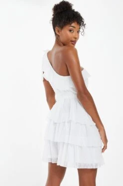 Cream Chiffon Dobby One Shoulder Mini Dress -Chic Summer Shop 00100037210 XB