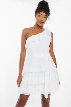 Cream Chiffon Dobby One Shoulder Mini Dress -Chic Summer Shop 00100037210 XM