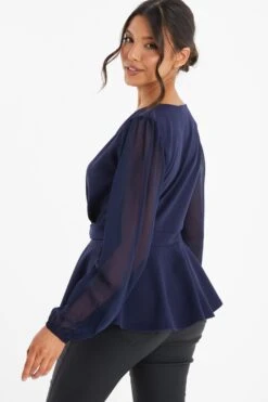 Navy Chiffon Buckle Peplum Top -Chic Summer Shop 00100037223 XB