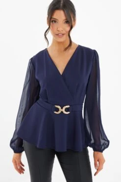 Navy Chiffon Buckle Peplum Top -Chic Summer Shop 00100037223 XM