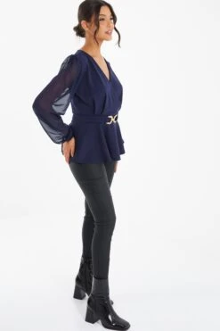 Navy Chiffon Buckle Peplum Top -Chic Summer Shop 00100037223 XS