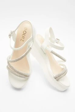 White Faux Leather Diamante Wedges -Chic Summer Shop 00100037331 XS