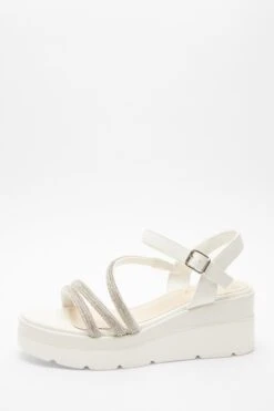 White Faux Leather Diamante Wedges