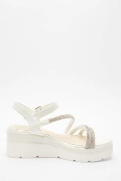 White Faux Leather Diamante Wedges -Chic Summer Shop 00100037331 ZS