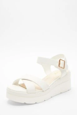 White Faux Leather Cross Strap Wedges -Chic Summer Shop 00100037333 XB