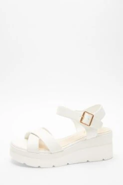 White Faux Leather Cross Strap Wedges