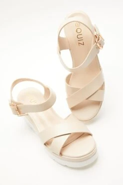 Nude Faux Leather Cross Strap Wedges -Chic Summer Shop 00100037334 XS