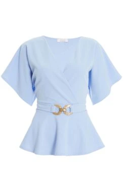 Light Blue Buckle Peplum Top