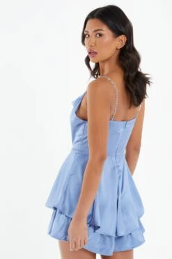 Blue Satin Diamante Frill Playsuit -Chic Summer Shop 00100037355 XB