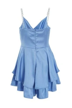 Blue Satin Diamante Frill Playsuit -Chic Summer Shop 00100037355 ZB