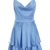 Blue Satin Diamante Frill Playsuit -Chic Summer Shop 00100037355 ZM