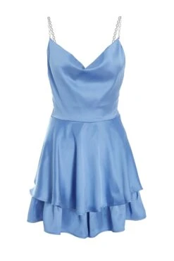 Blue Satin Diamante Frill Playsuit