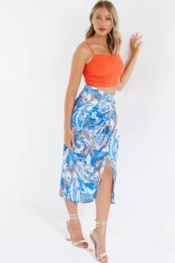 Blue Satin Aztec Print Ruched Midi Skirt -Chic Summer Shop 00100037357 XS