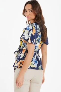 Navy Satin Floral Peplum Top 10 Navy Satin Floral Peplum Top -Chic Summer Shop 00100037363 XB