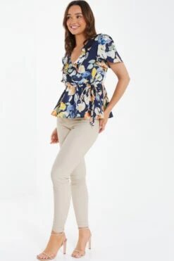 Navy Satin Floral Peplum Top 11 Navy Satin Floral Peplum Top -Chic Summer Shop 00100037363 XS