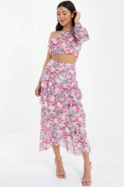 Multicoloured Chiffon Floral Frill Midi Skirt 9 Multicoloured Chiffon Floral Frill Midi Skirt -Chic Summer Shop 00100037369 XM