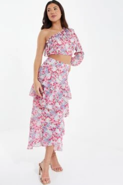 Multicoloured Chiffon Floral Frill Midi Skirt 11 Multicoloured Chiffon Floral Frill Midi Skirt -Chic Summer Shop 00100037369 XS