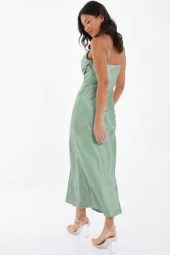 Sage Satin Ruched Split Midi Dress -Chic Summer Shop 00100037374 XB