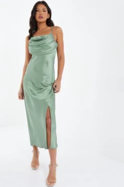 Sage Satin Ruched Split Midi Dress -Chic Summer Shop 00100037374 XM