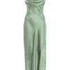 Sage Satin Ruched Split Midi Dress 2 Sage Satin Ruched Split Midi Dress -Chic Summer Shop 00100037374 ZM