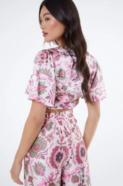 Pink Paisley Print Tie Front Crop Top -Chic Summer Shop 00100037375 XB
