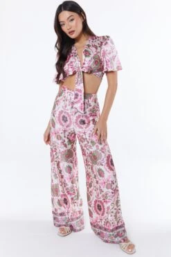 Pink Paisley Print Tie Front Crop Top -Chic Summer Shop 00100037375 XS