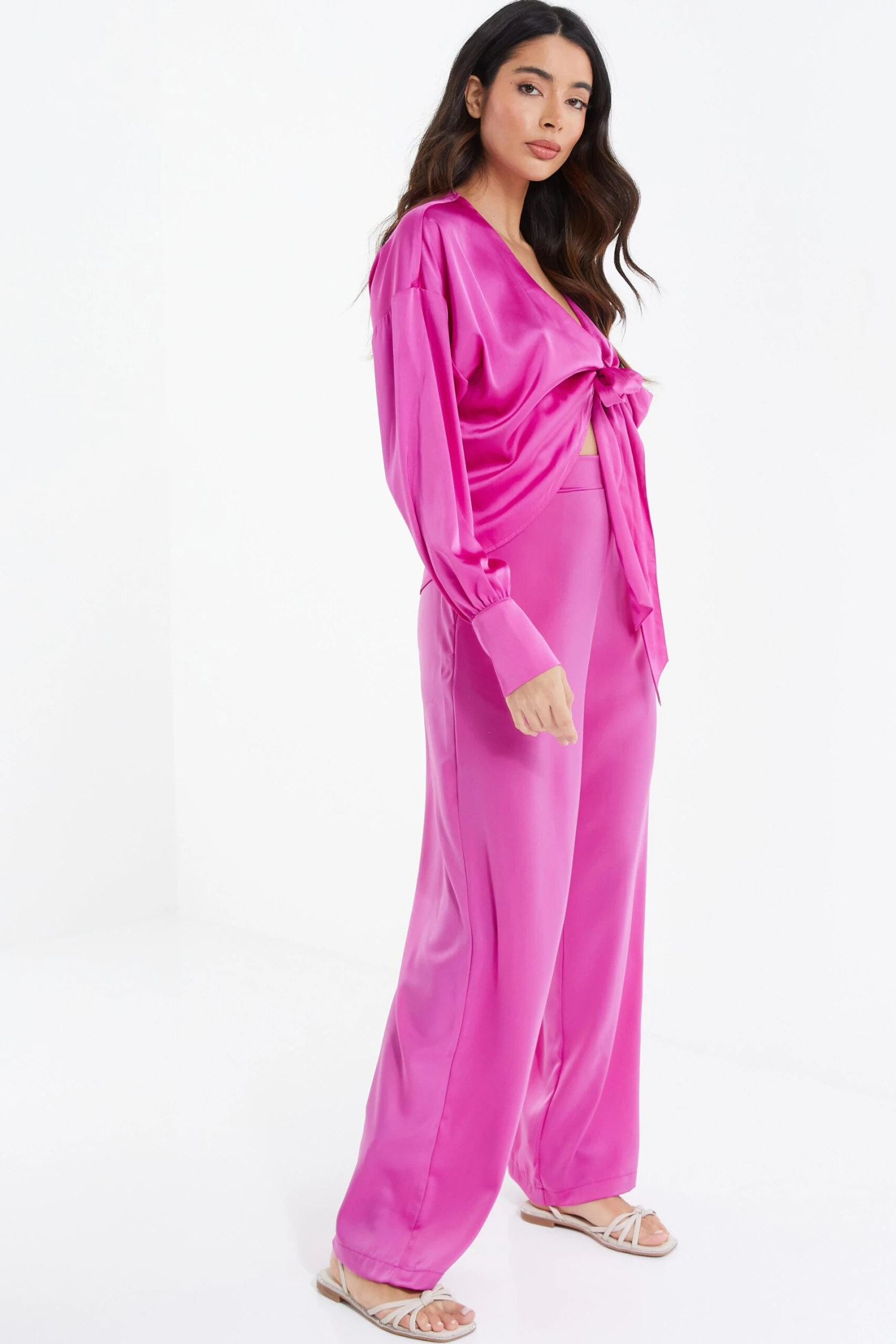 Pink Satin Tie Cropped Blouse 6 Pink Satin Tie Cropped Blouse - Image 4