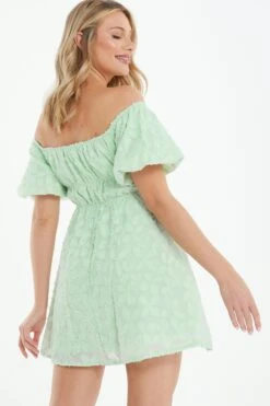Sage Green Jacquard Bardot Mini Dress -Chic Summer Shop 00100037378 XB