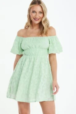 Sage Green Jacquard Bardot Mini Dress -Chic Summer Shop 00100037378 XM