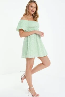 Sage Green Jacquard Bardot Mini Dress -Chic Summer Shop 00100037378 XS