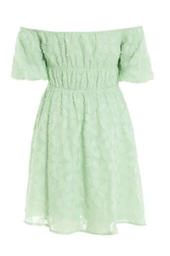 Sage Green Jacquard Bardot Mini Dress -Chic Summer Shop 00100037378 ZB