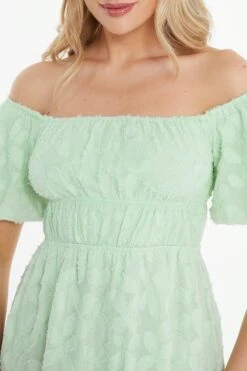 Sage Green Jacquard Bardot Mini Dress -Chic Summer Shop 00100037378 ZS