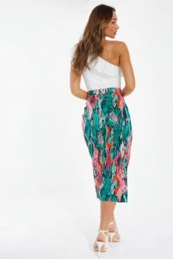 Green Satin Marble Print Ruched Midi Skirt -Chic Summer Shop 00100037460 XB