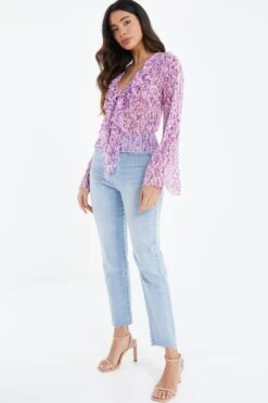 Lilac Chiffon Animal Print Frill Blouse 11 Lilac Chiffon Animal Print Frill Blouse -Chic Summer Shop 00100037470 XS