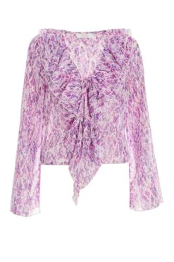 Lilac Chiffon Animal Print Frill Blouse