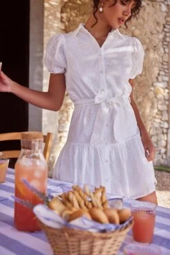 White Embroidered Mini Shirt Dress