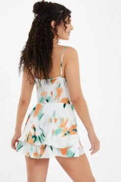 Cream Satin Smudge Print Playsuit -Chic Summer Shop 00100037481 XB