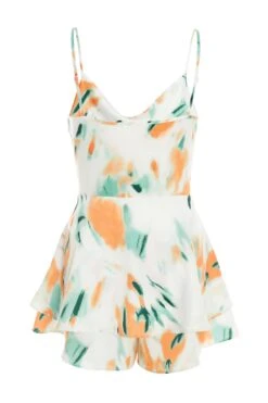 Cream Satin Smudge Print Playsuit -Chic Summer Shop 00100037481 ZB