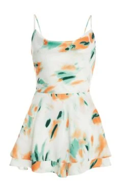 Cream Satin Smudge Print Playsuit