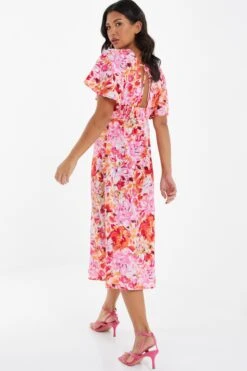 Pink Floral Wrap Midi Dress -Chic Summer Shop 00100037502 XB