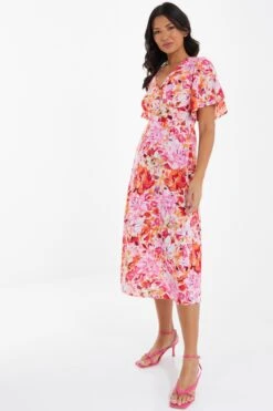 Pink Floral Wrap Midi Dress -Chic Summer Shop 00100037502 XS
